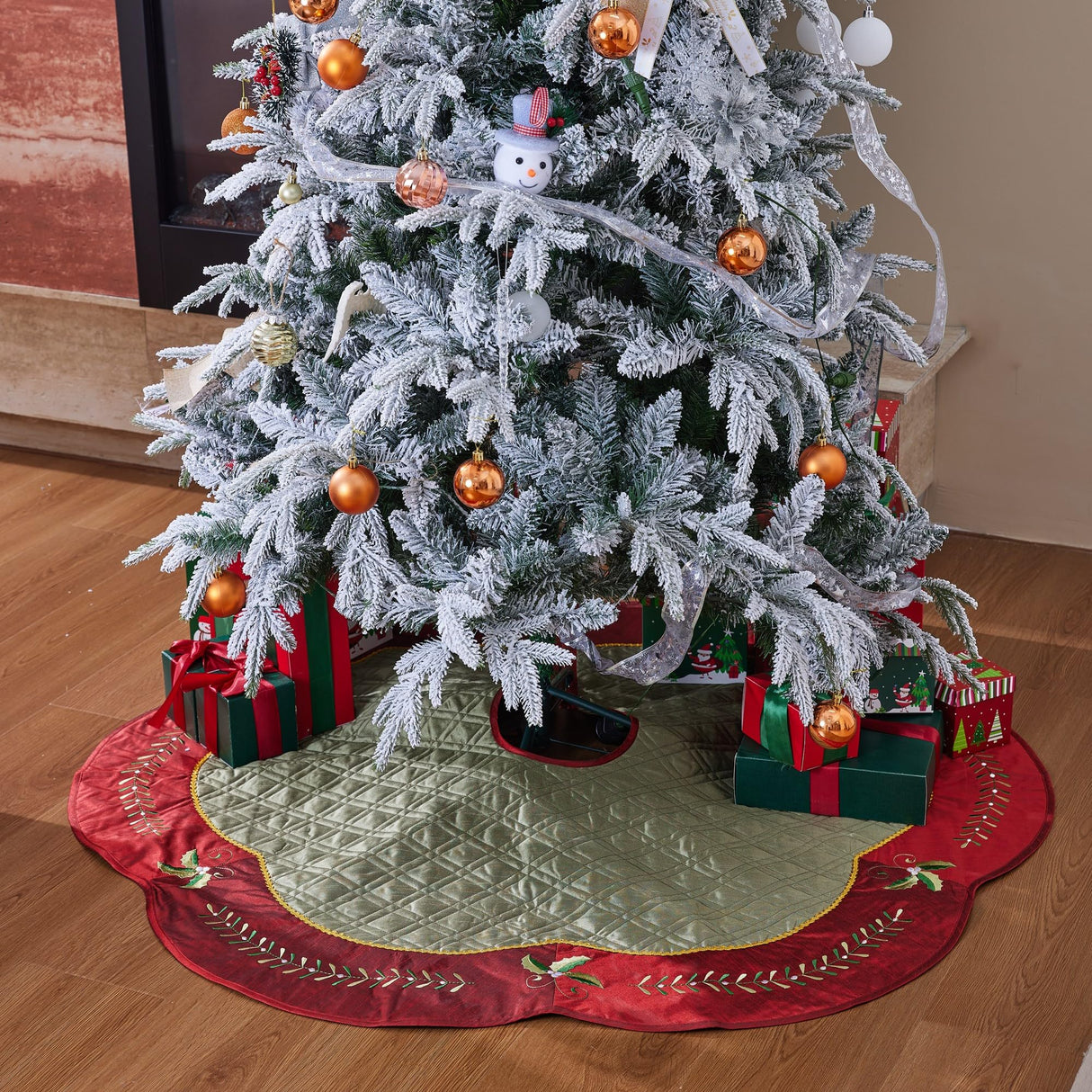 X.Sem Quilted Faux Silk Christmas Tree Skirt, Holly Leaves Embroidery Border - 50-Inch ONGLYP