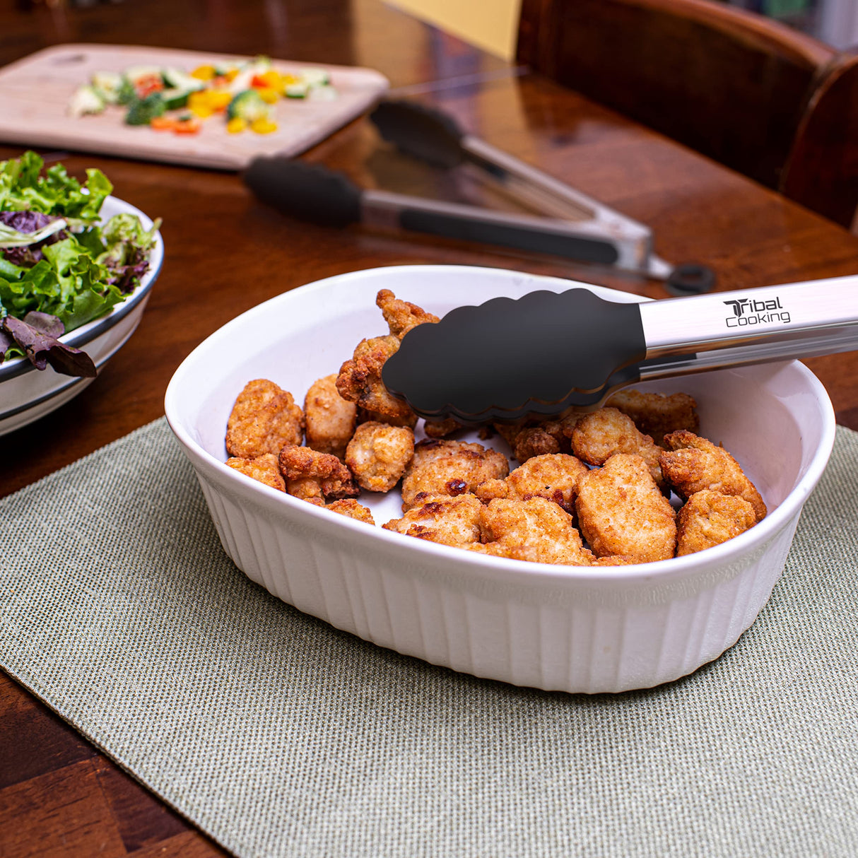 Tribal Cooking Kitchen Tongs with Silicone Tips - Stainless Steel tongs for cooking - 9" and 12" Tongs With Silicone Rubber Grips, Small and Large - Metal BBQ Tongs with Locking Tribal Cooking