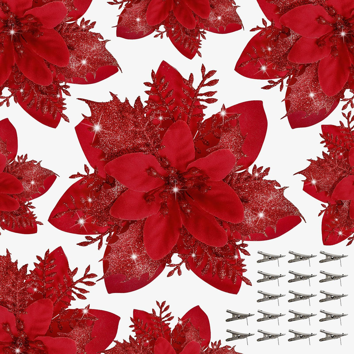 15 PCS Poinsettia Flower Artificial Poinsettia with Clips Christmas Decor Glitter Poinsettia Christmas Ornaments Christmas Tree Flower Decorations with Stems DIY Xmas Wreath Holiday Home Party Decor Childom