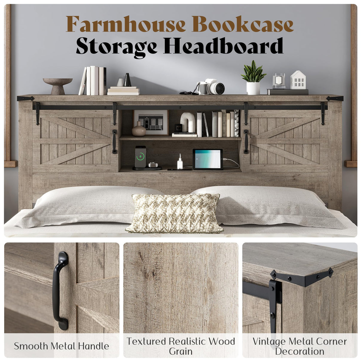 AMERLIFE Farmhouse King Bed Frame, Rustic Wood Platform Bed w/Barn Door Storage Bookcase Headboard & Charging Station, Bedroom Furniture, No Box Spring Needed, Light Grey AMERLIFE