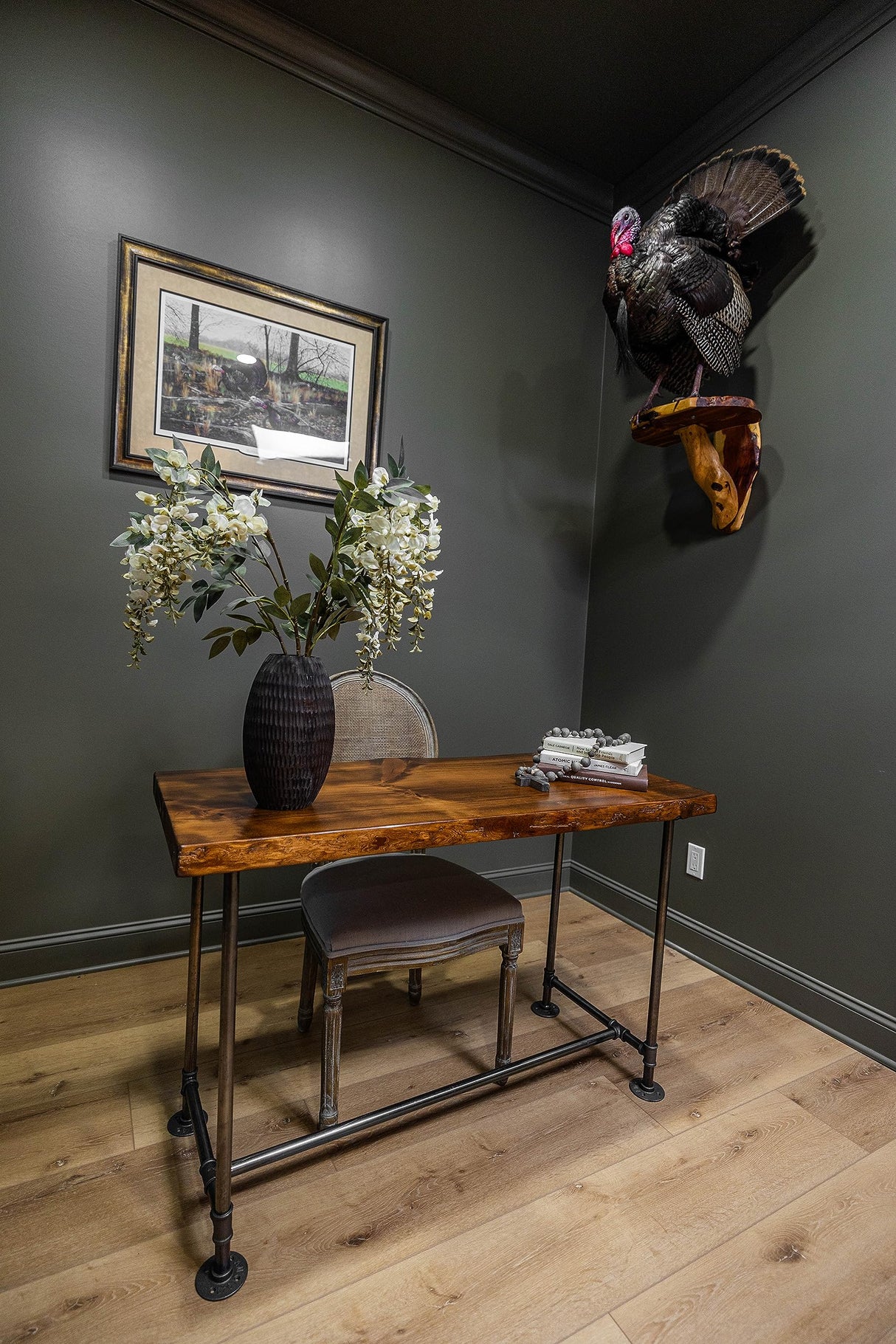 Southern Rustic Logwerks Industrial Pipe Desk Live Edge Top Vintage Table (Honey Pine) — Rustic Live Edge Slab Desk with Steampunk Pipe Legs Southern Rustic Logwerks