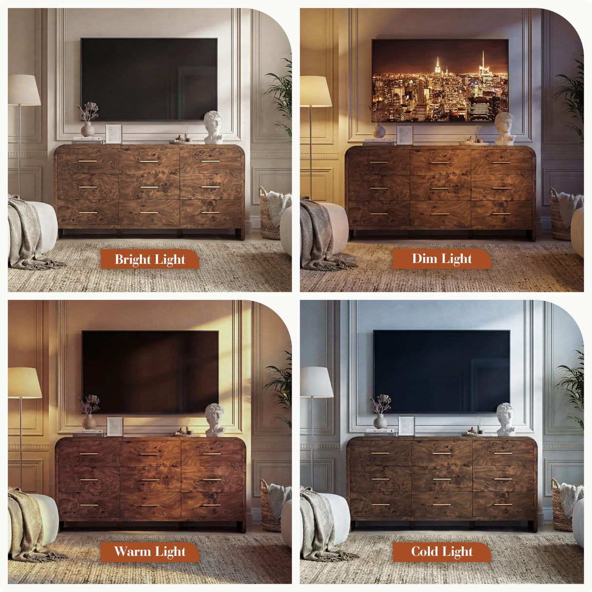EliteSet Curved 9-Drawer Dresser for Bedroom, 63" Wide Modern Chest of Drawers, Vanity Desk TV Stand for Living Room, Closet Storage Drawers Organizer Furniture, Nursery, Hallway, Dark Burl EliteSet