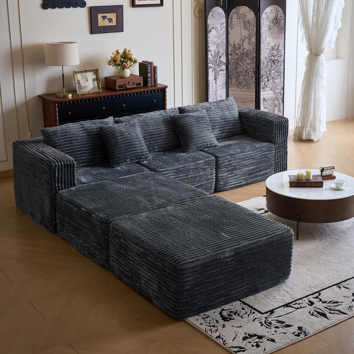 110" Modular Sectional Couch with 2 Movable Ottoman, Cloud Sofa Couches for Living Room, U Shaped Deep Seat Boneless Sofa,Luxury Corduroy Fabric, No Assembly Required Grey Veloflow