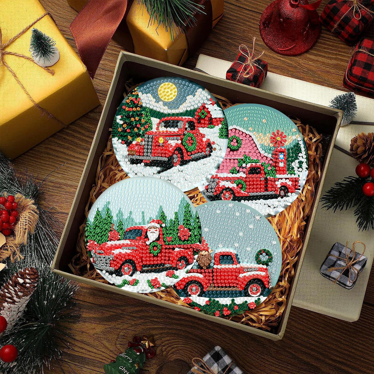 8 PCS Christmas Red Truck Diamond Art Coaster Kits with Holder - Diamond Painting for Adults Beginners - 5D Gem Art Dots Paintings with Cork Pads - Crafts Supplies Clendo