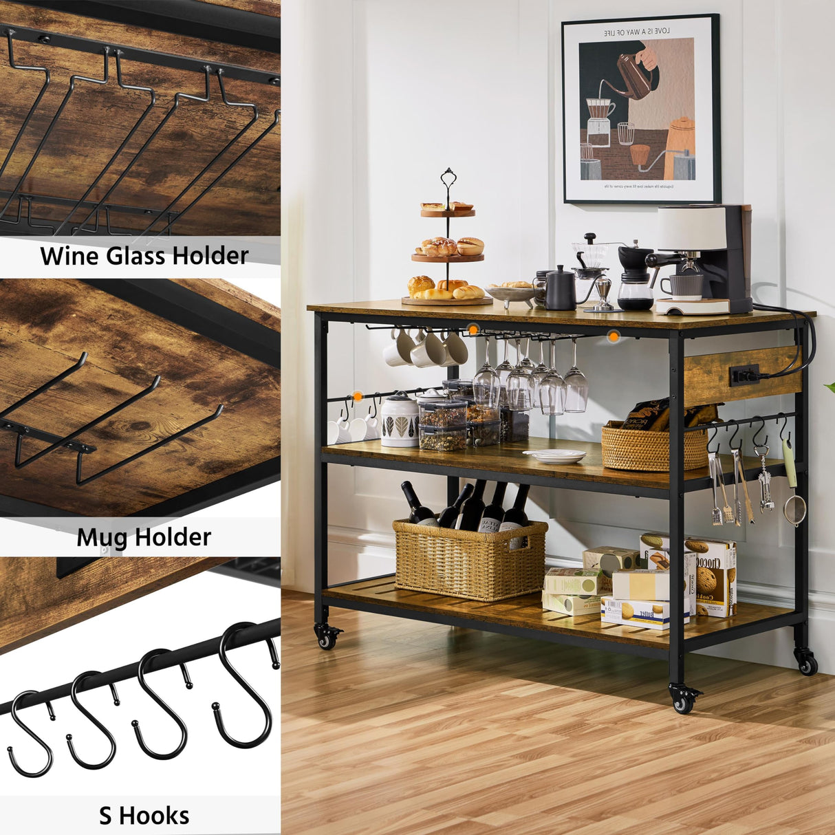 Yaheetech Kitchen Island with Power Outlet, Rolling Kitchen Cart with Wine Rack & Glass Holder & Hooks, Coffee Bar Microwave Stand Wine Rack Table for Dining Room, 47.5" W x 24" D, Rustic Brown Yaheetech