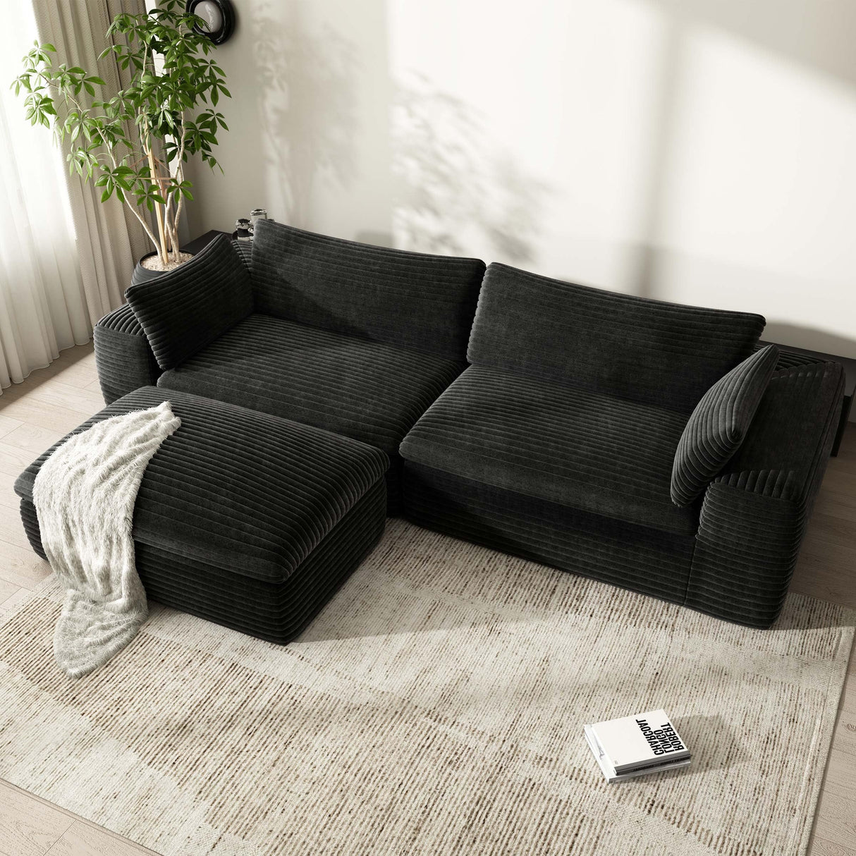 Yomsum 110'' Black Sectional Couches for Living Room with Double Layer, Oversized 4 Seater Boneless L Shaped Cloud Couch Plush Corduroy Sofa, No Assembly Modular Sectional Sofa Bed with Ottoman Yomsum