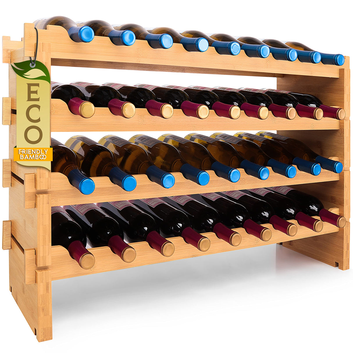 SereneLife Bamboo Stackable Wine Rack, 4-Tier 36 Bottle Capacity Wine Racks Free Standing Floor, No Tools Assembly, Modular Storage Display Shelf for Kitchen and Cellar 33.5" x 10" x 21" SereneLife