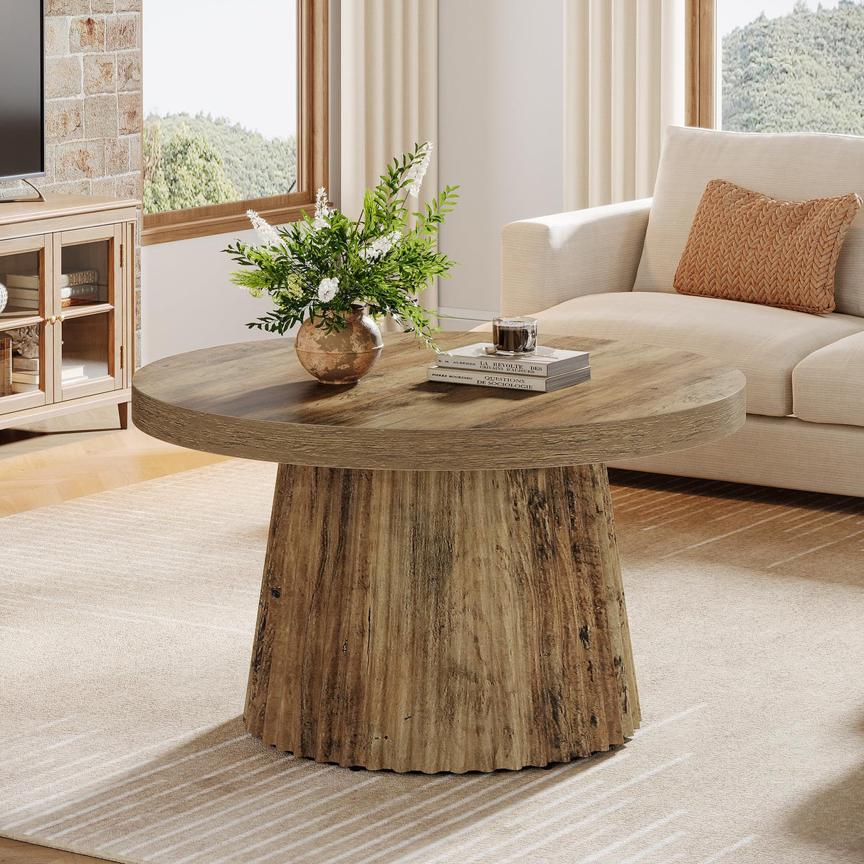 Tribesigns Coffee Table, 31.5" Small Farmhouse Round Coffee Tables with Fluted Drum Base, Mid Century Modern Boho Accent Center Table for Living Room, Apartment, Small Space, Brown Tribesigns