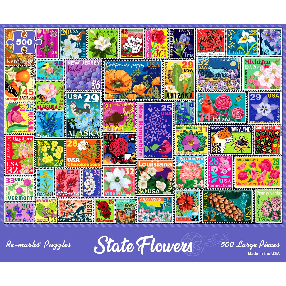 Re-marks State Flowers Stamp Collage Jigsaw Puzzle, 500 Large Piece Jigsaw Puzzle for All Ages Re-Marks