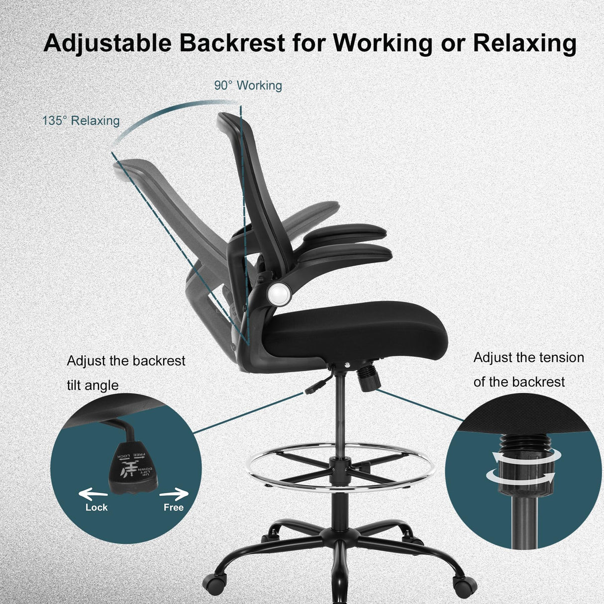 Luckyear Drafting Chair,Ergonomic Tall Office Chairs,Standing Desk Chair with Adjuatable Height,Breathable Mesh High Chair with Foot Rest,Stool Chair with Flip up Arms,Counter Height Chairs,Black Luckyear