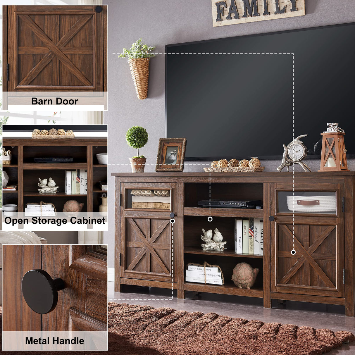 JXQTLINGMU Farmhouse TV Stand for 75 Inch TV, Entertainment Center with Storage, Modern TV Cabinet with Barn Doors, 66" Rustic TV Console for Living Room, Adjustable Shelf - Brown JXQTLINGMU
