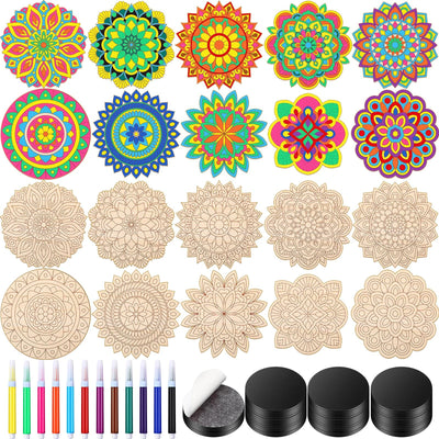 Cinnvoice 104 Pcs Wooden Mandala Magnets DIY Mandala Fridge Magnets Craft Painting Kits Included 40 Unfinished Wood Cutouts 24 Colored Pens 40 Self Adhesive Magnet for Refrigerator Decor(Stylish)