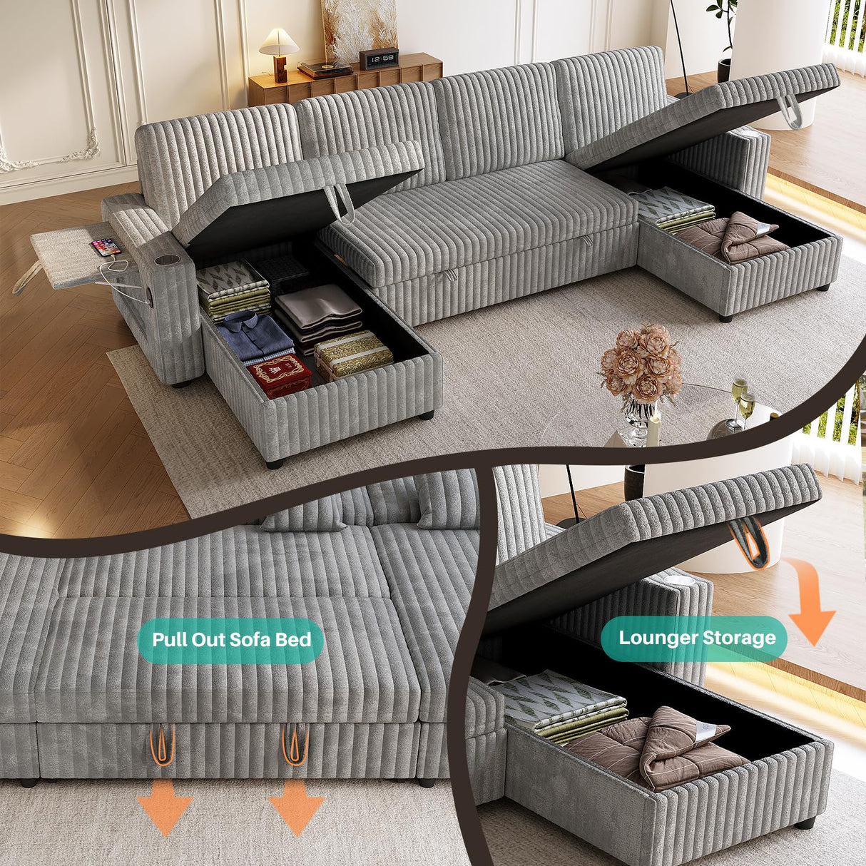 Sleeper Sectional Sofa, 122" Modern U Shaped Couch with Pull Out Bed, Convertible Corduroy Cloud Sofa with Double Storage Chaise, USB, Small Desktop, Comfy Modular Couch for Living Room, Light Grey ZHCREAL