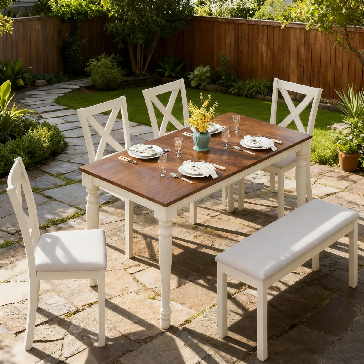 PLAUIN 6-Piece Farmhouse Dining Table Set - Solid Wood Table, 4 Chairs & Bench, Ergonomic, 71" Solid Wood Table, Table & Chair Sets for Dining Room, Kitchen, Living Room, Office PLAUIN