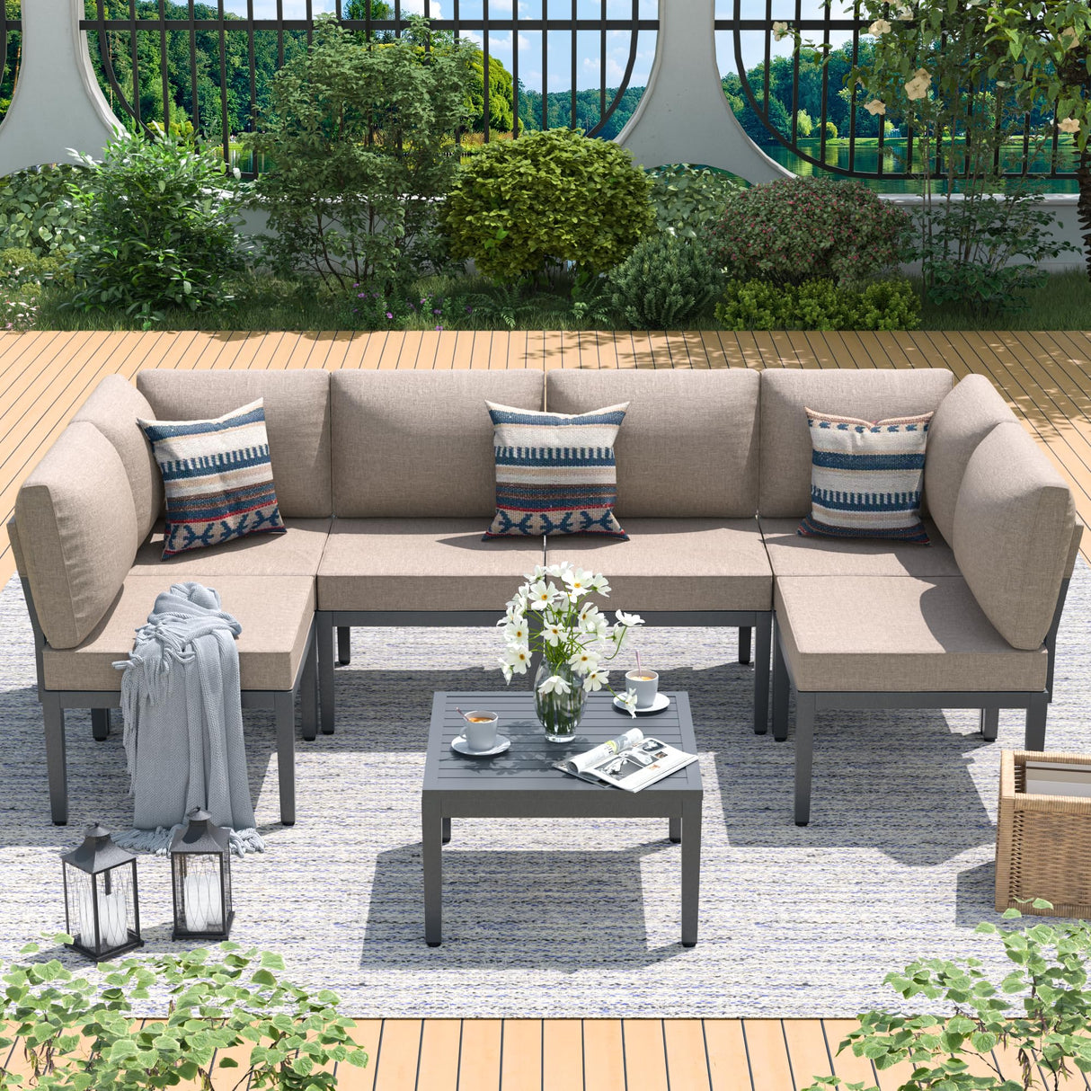 Kullavik Patio Furniture Set,7 Pieces Metal Modern Outdoor Furniture,Outdoor Sectional Sofa w/5.1" Cushions and Coffee Table for Patio,Backyard,Sand Kullavik