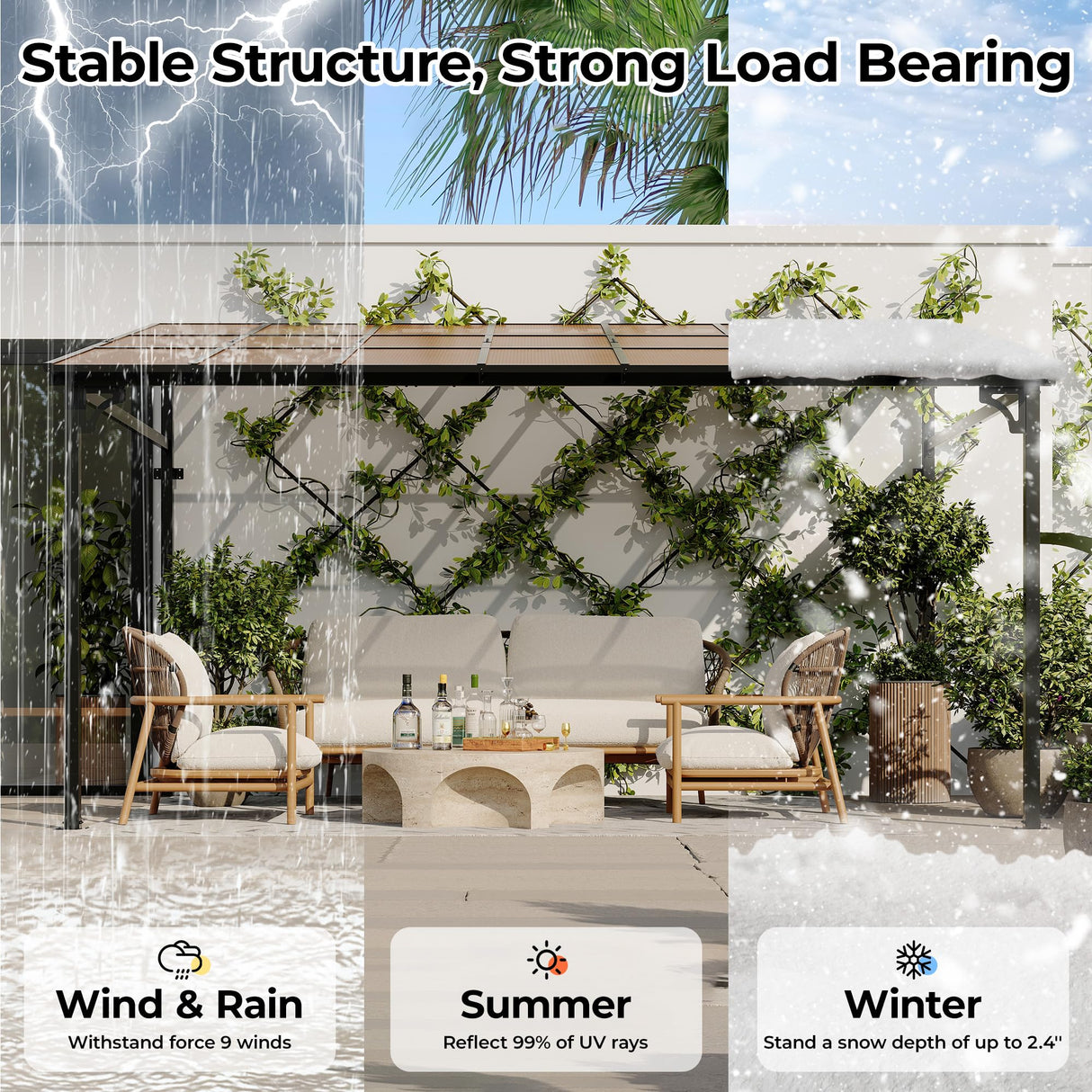 12' x 14' Gazebo, Large Wall Mounted Gazebos Pergola with Metal Frame, Hard Top Lean to Pergola, Outdoor Patio Lean to Metal Awnings Gazebos for Deck, Porch, Backyard Reljofum