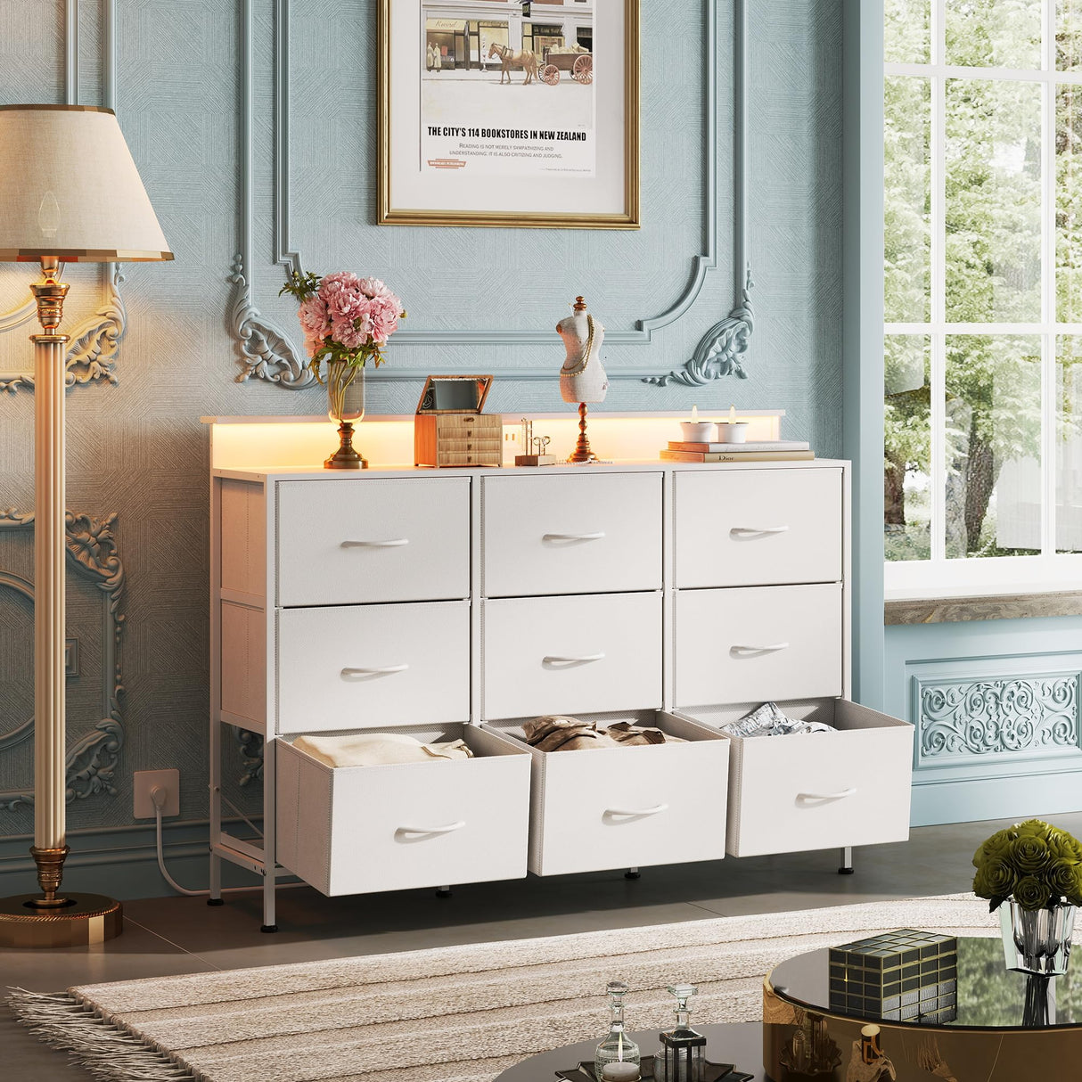 WLIVE Dresser TV Stand for 55 inch, Led Dresser for Bedroom, White Dresser for Bedroom with LED Lights and Charging Station, Chest of Drawers, 9 Fabric Dresser Drawers, Wood Top, Living Room, Closet WLIVE