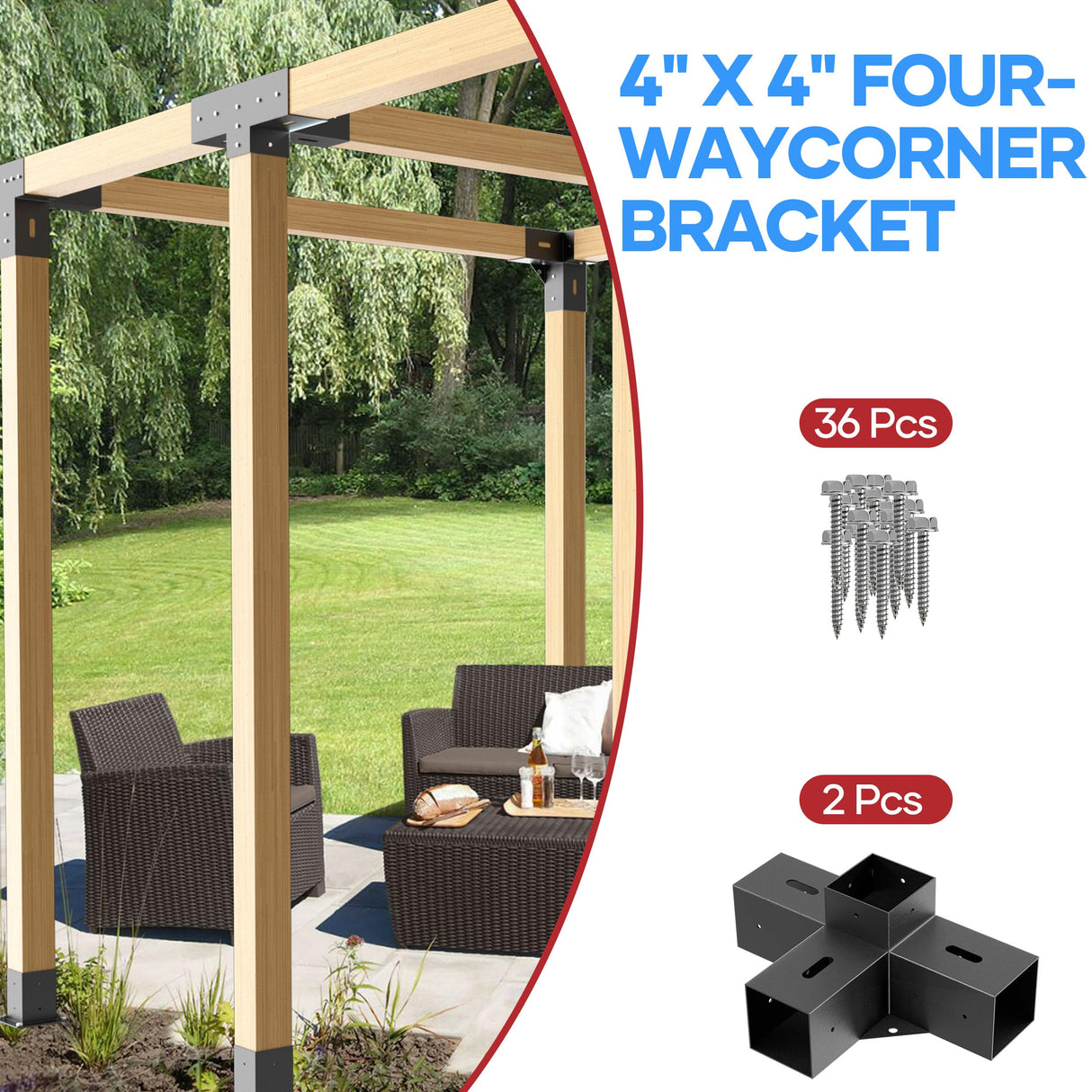 4x4 Pergola Bracket Kit - 2pcs 4-Way Heavy Duty Corner Brackets for 4''x4'' Wooden Beams (Actual 3.6''x3.6'') - Includes Stainless Steel Hardware for Patio Pergolas, Log Cabins & Outdoor Structures CHICAURA