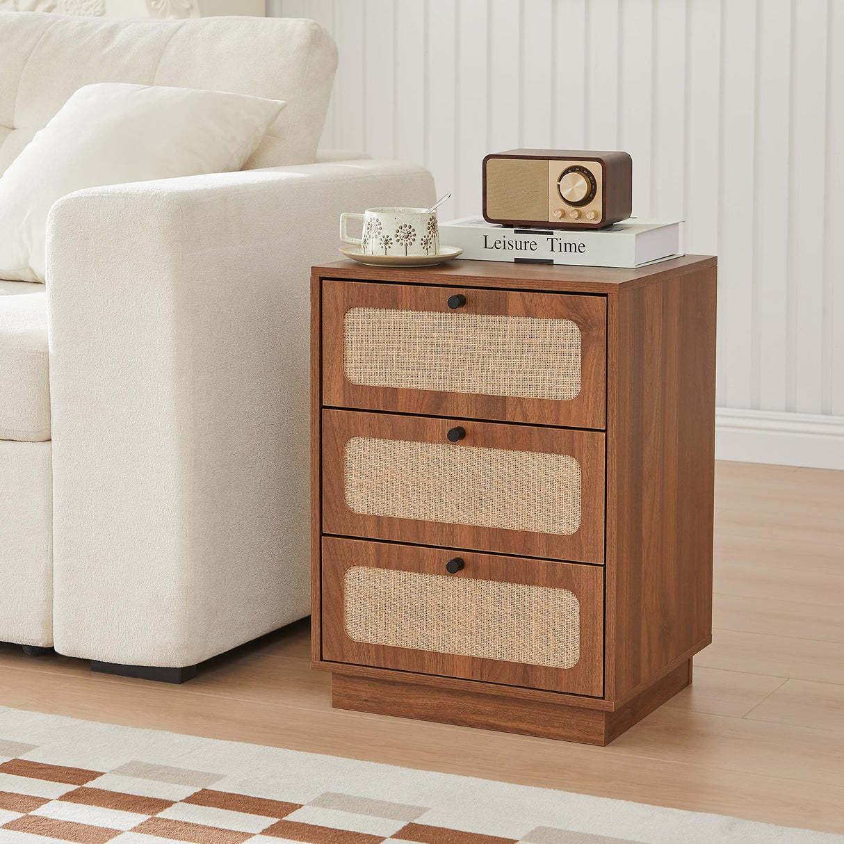 AVZEAR Mid Century Night Stand Set of 2, Modern Nightstand with 3 Drawers and Nature Linen Panel, Wood Bedside Table Rustic End Table for Small Space, Dorm, Bedroom(Walnut) AVZEAR