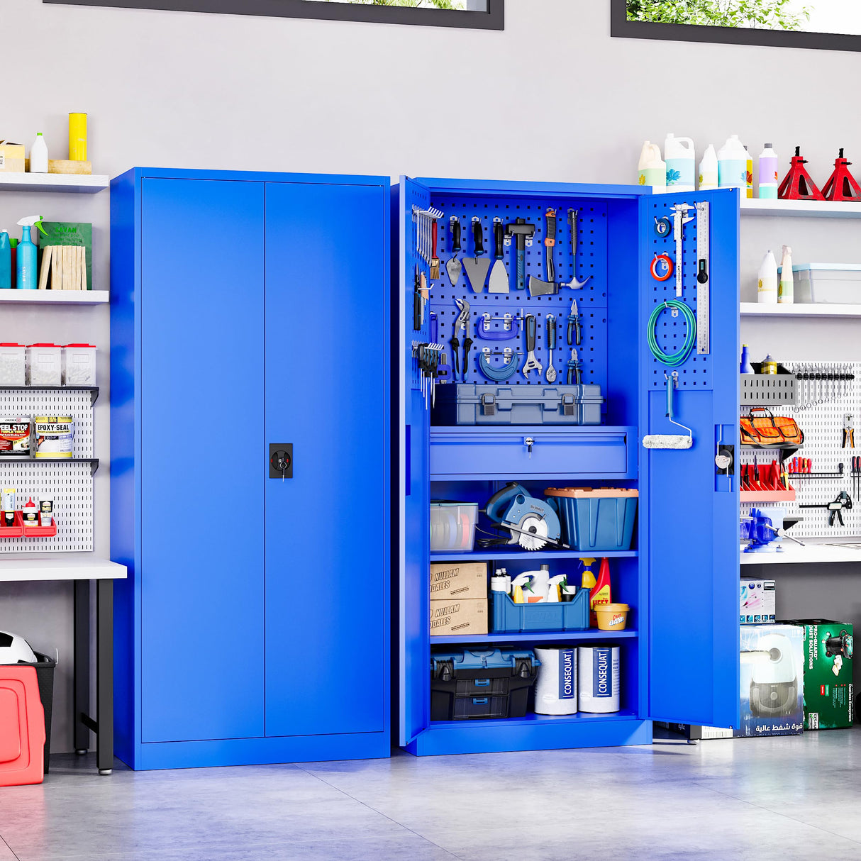Yizosh Metal Garage Storage Cabinet with Locking Doors and Drawers, Heavy Duty Steel Tool Cabinet with Pegboard, 71" - Lockable Cabinets for Garage, Warehouse, Basement (Blue) Yizosh