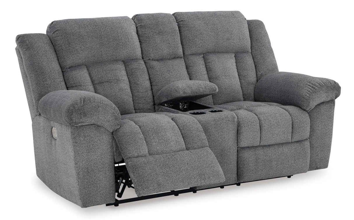 Signature Design by Ashley Tip-Off Modern Wall Hugger Power Reclining Loveseat with Adjustable Headrest, USB Ports, Storage and Cup Holders, Gray Signature Design by Ashley
