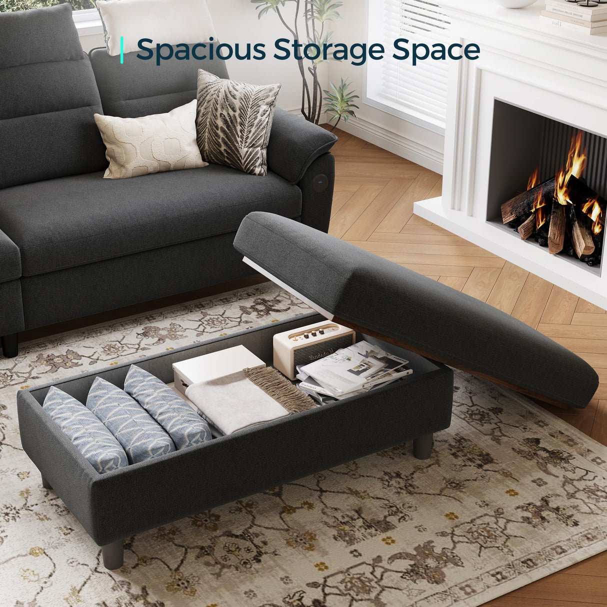 LINSY HOME 46 Inches Wide Storage Ottoman Bench, Linen Coffee Table Long Shoes Bench Footstool, Storage Chest, Foot Rest Stool, for The Living Room, Entryway and Family Room, Dark Gray LINSY HOME