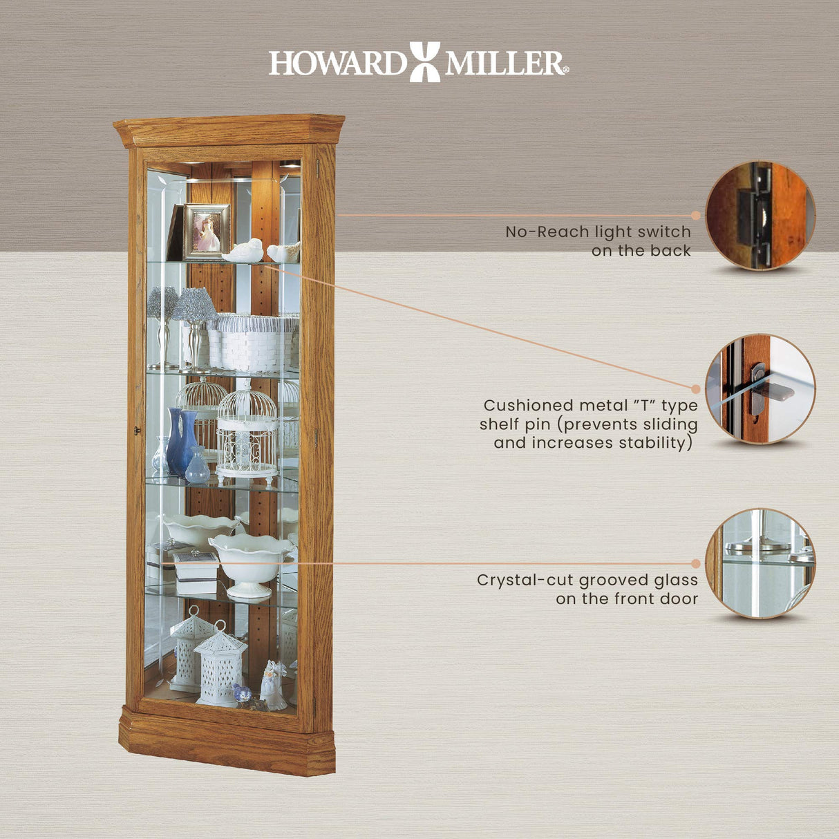 Howard Miller Hammond Curio Cabinet II, Freestanding Storage Cabinets Floor Mount, Pad Lock Metal Shelf with Golden Finish for Decorative Items, Collectibles, Living Room & Office Howard Miller