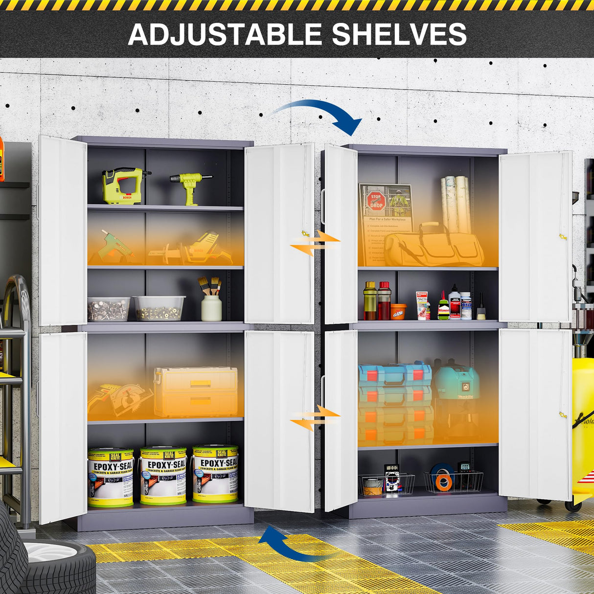 Fesbos 71” Metal Storage Cabinet-Lockable File Cabinet Garage Tool Cabinet with Doors and Shelves-Gray&White Steel Cabinet for Garage-Heavy Duty File Cabinet for Home, Office, Gym, Kitchen, School Fesbos