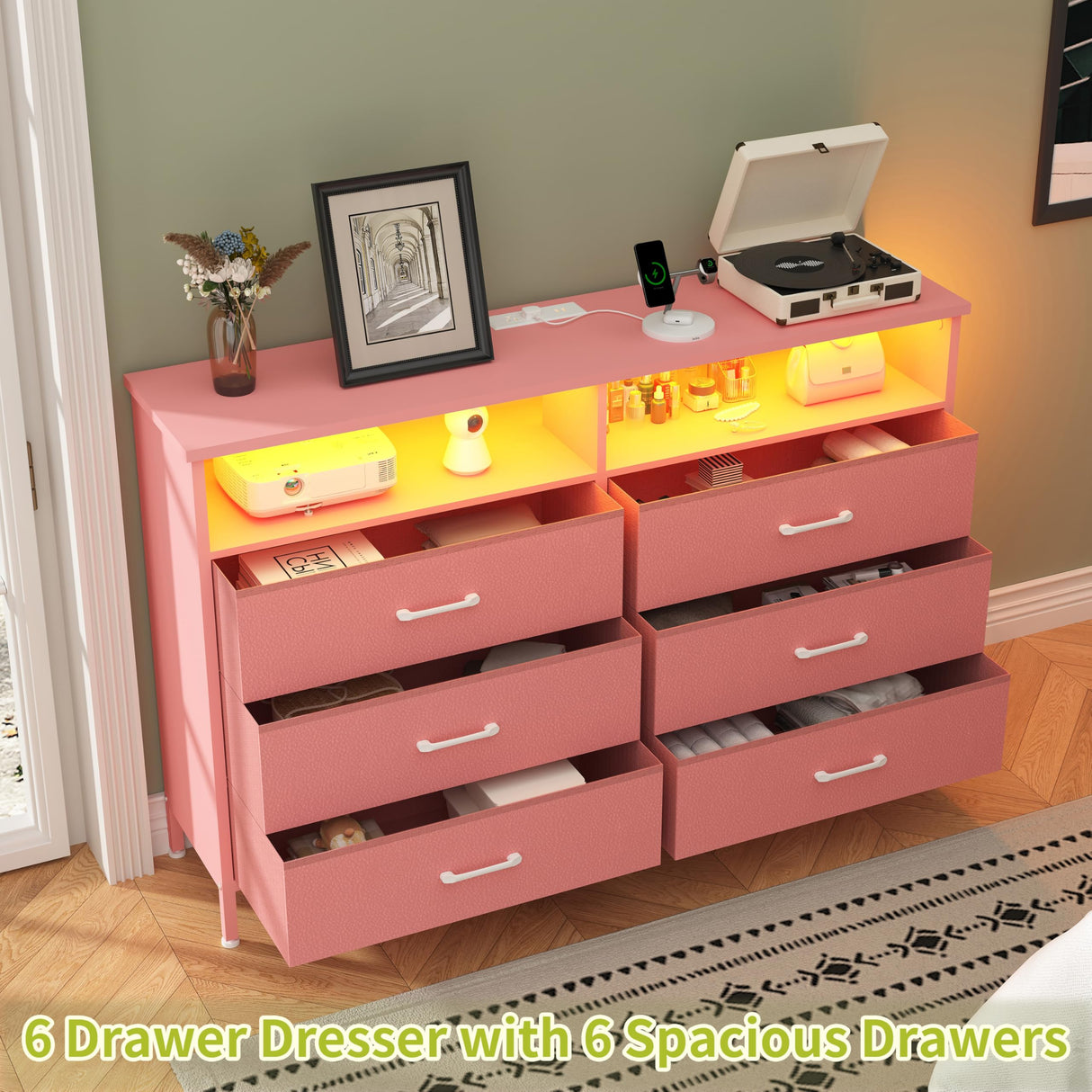Dresser for bedroom, Pink Bedroom Dresser with LED Lights and Charging Station, 6 Long Drawers Dressers, Tall Wide Fabric Chest of Drawers Storage Organizer TV Stand for up to 60" TV for Living Room SOOWERY