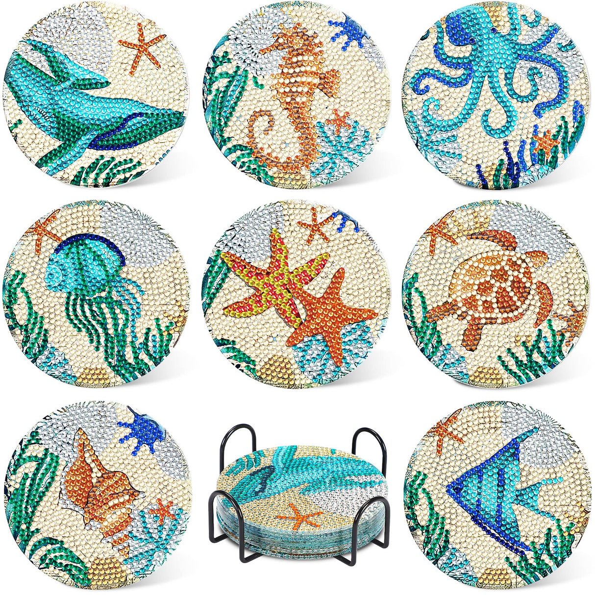 UPINS Ocean Diamond Art Painting Coaster Kit, 8Pcs DIY Crafts Kit with Holder, Non Slip Coaster Art Supplies for Adults, Ideal Christmas Gift UPINS