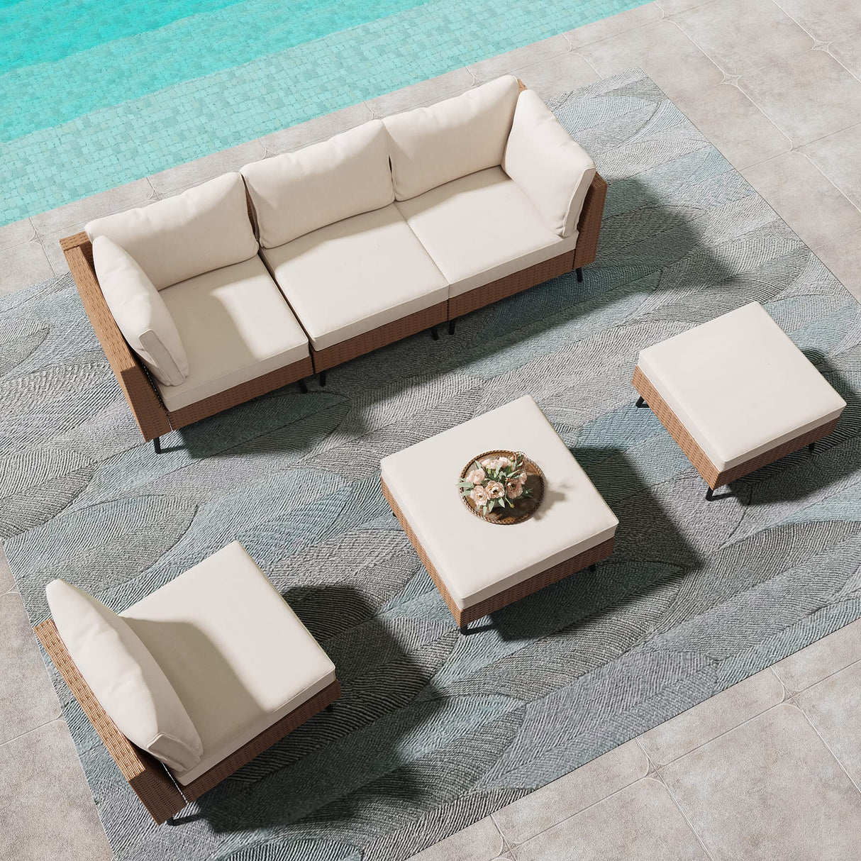 LAUSAINT HOME Outdoor Patio Furniture, 6 Piece Outdoor Sectional Sofa PE Rattan Wicker Patio Conversation Sets, All Weather Patio Furniture Set with Thick Cushions for Garden, Backyard(Beige) LAUSAINT HOME