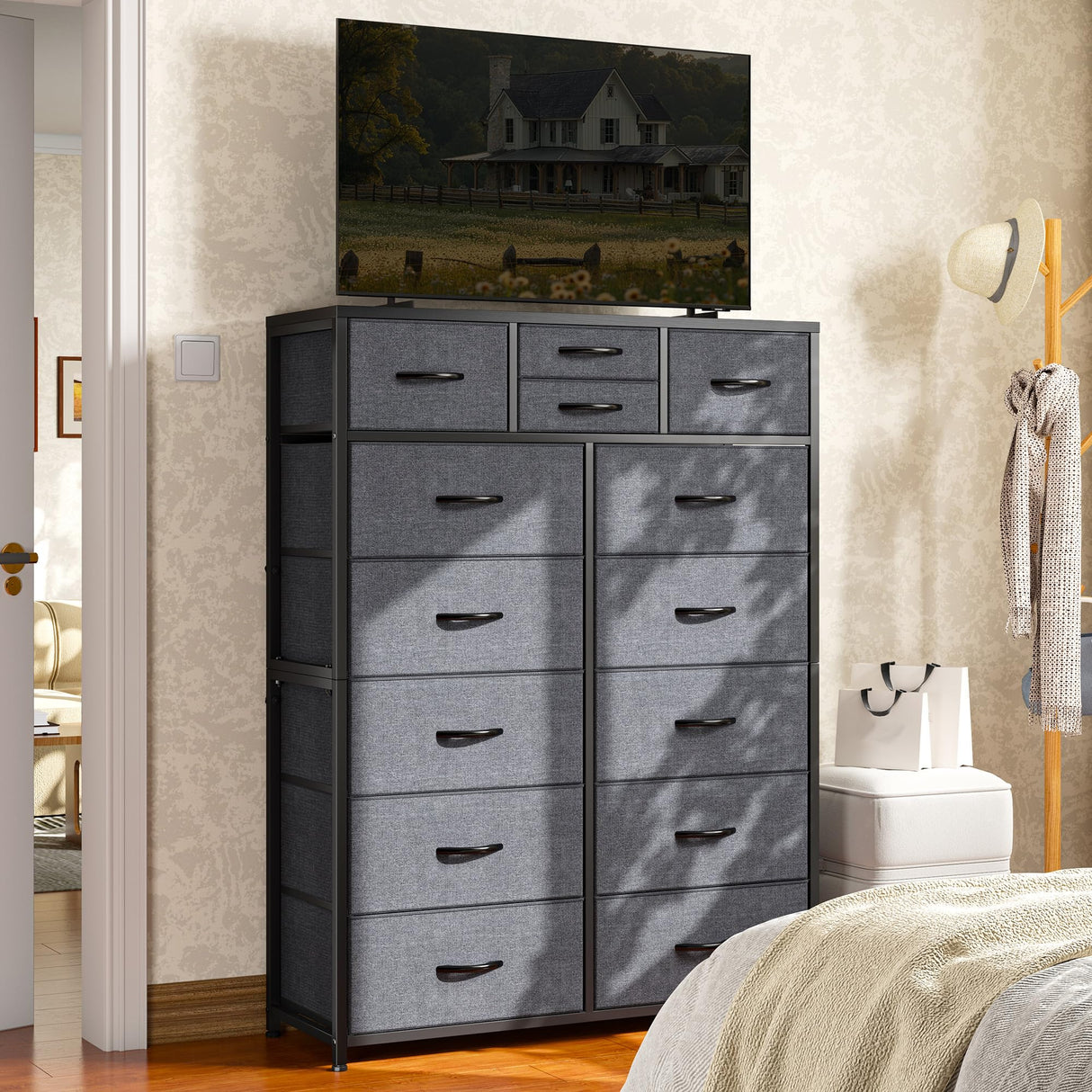 14 Drawer Dresser, Tall Fabric Dressers & Chest of Drawers, Large Bedroom Dresser for Bedroom, Closets, Living Room, Entryway, Wooden Top, Metal Frame, 52.2" H x 37.4" W x 11.8" D, Grey EnHomee