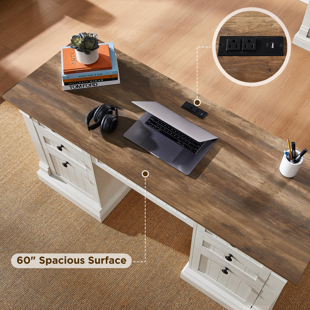 OKD 60" Executive Desk with Drawers, Farmhouse Home Office Desk with Charging Station, Keyboard Tray, File Cabinet Storage, Wood Computer Desk for Work and Study, Antique White OKD