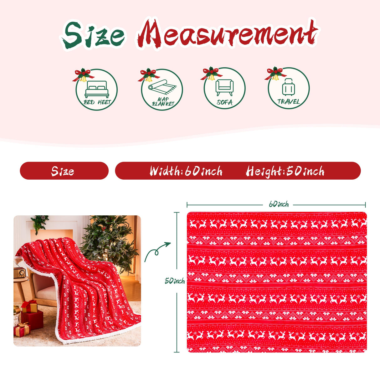 Ramees Christmas Throw Blanket, Christmas Decorations Blankets and Throws, Fuzzy Cozy Soft Warm Fleece Sherpa Winter Holiday Blanket for Bed Couch Sofa Reindeer Snowflakes Ramees