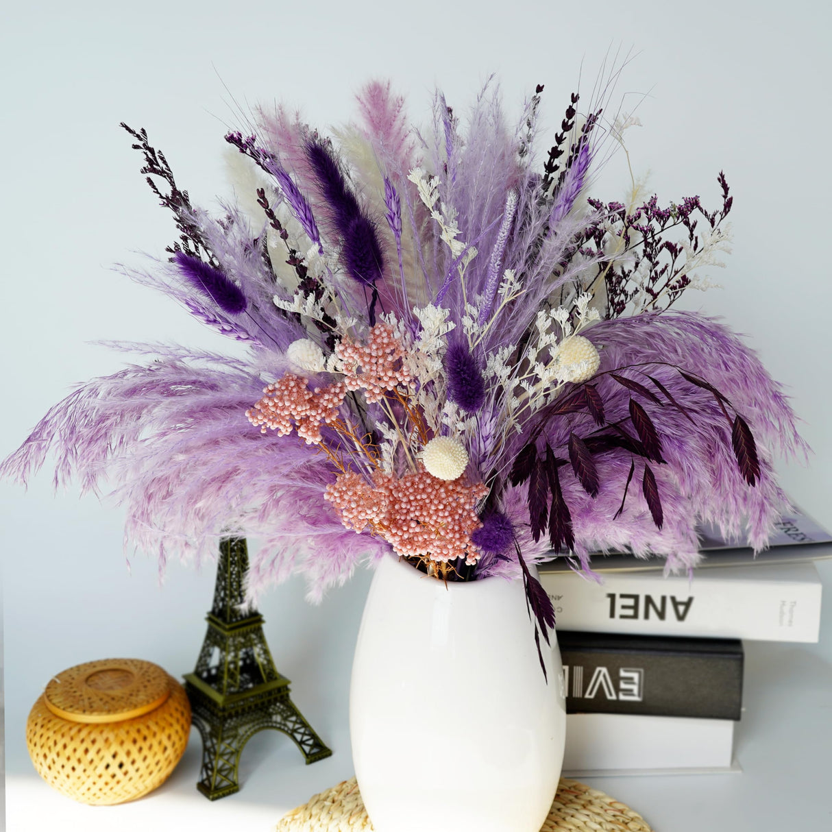 Natural Dried Pampas Prairie Bouquet, 17 "Natural Dried Bouquet, Purple Pampas and Millet Flower Mixed Bouquet Bohemian Style Family Wedding Dried Flower Decoration Flowerartlife