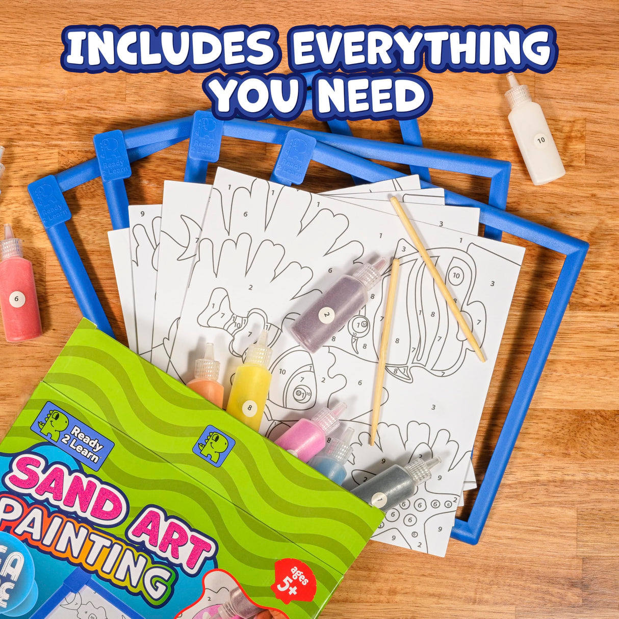 READY 2 LEARN Sand Art Gallery - Color by Number - Sea Life - Sand Art Kit for Kids - 10 Bright Colors - 4 Design Sheets with Frames - 2 Styluses READY 2 LEARN