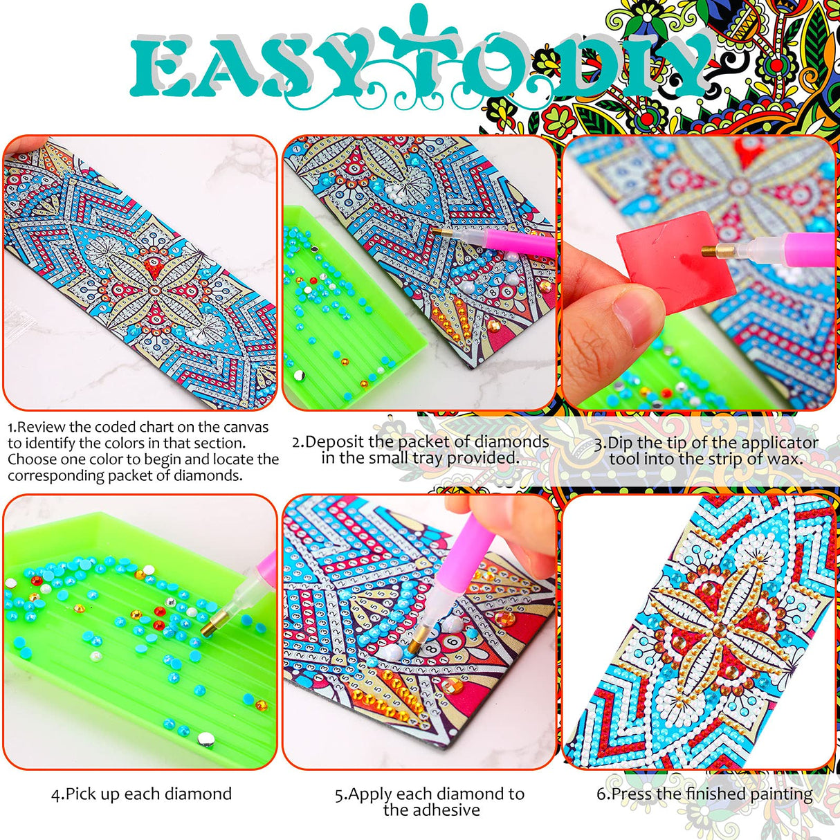 Zonon 8 Pcs Diamond Painting Bookmarks 5D Floral Art Painting Bookmarks PU Leather DIY Mandala Style Study Supplies with Tassels for Adults Gift Crafts Zonon