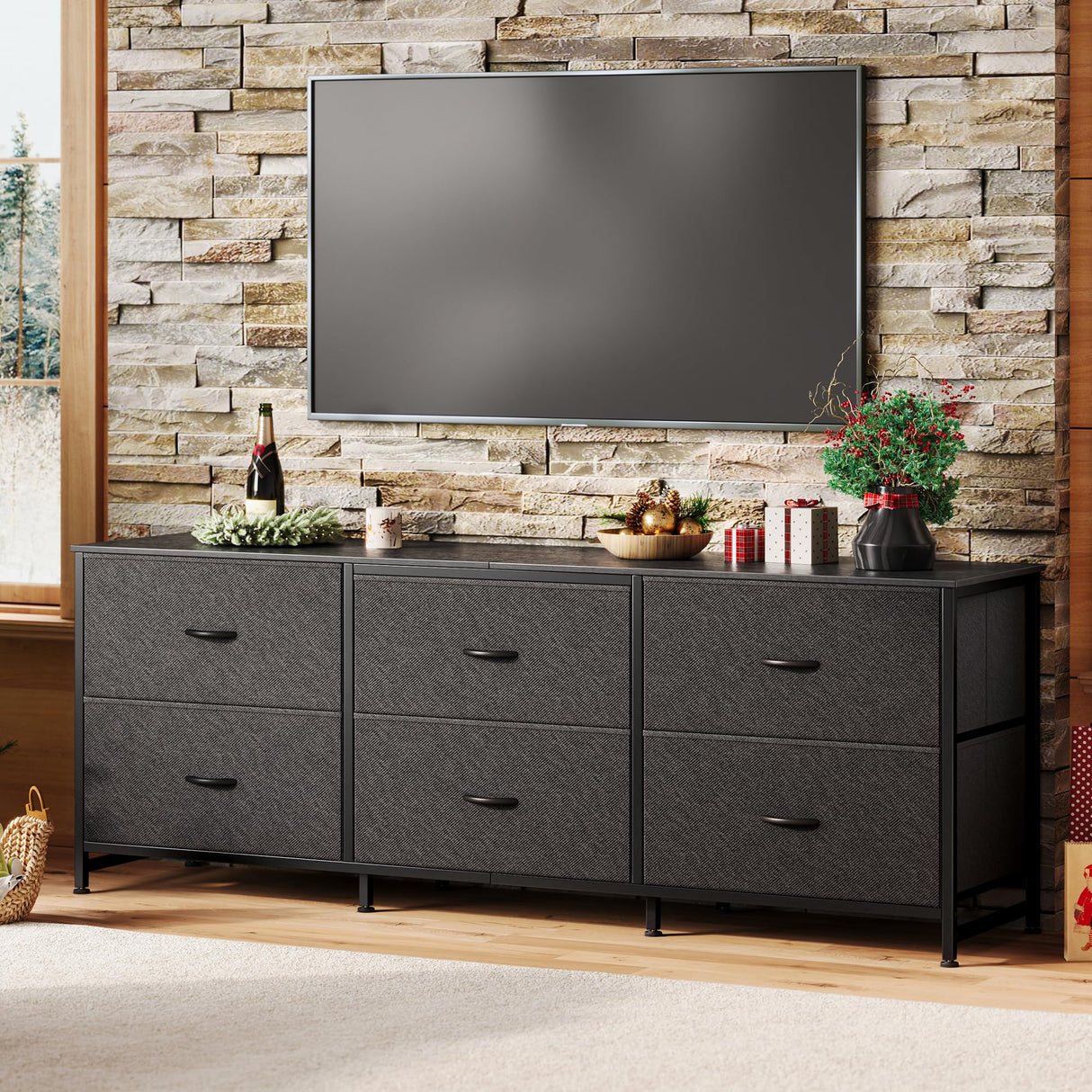 Huuger 63 Inch Long Dresser for Bedroom, Wide TV Stand for 55, 65, 70 Inch TV, 6 Drawer Dresser for Closet with Fabric Drawers, Storage Organizer for Bedroom, Entryway, Black Huuger
