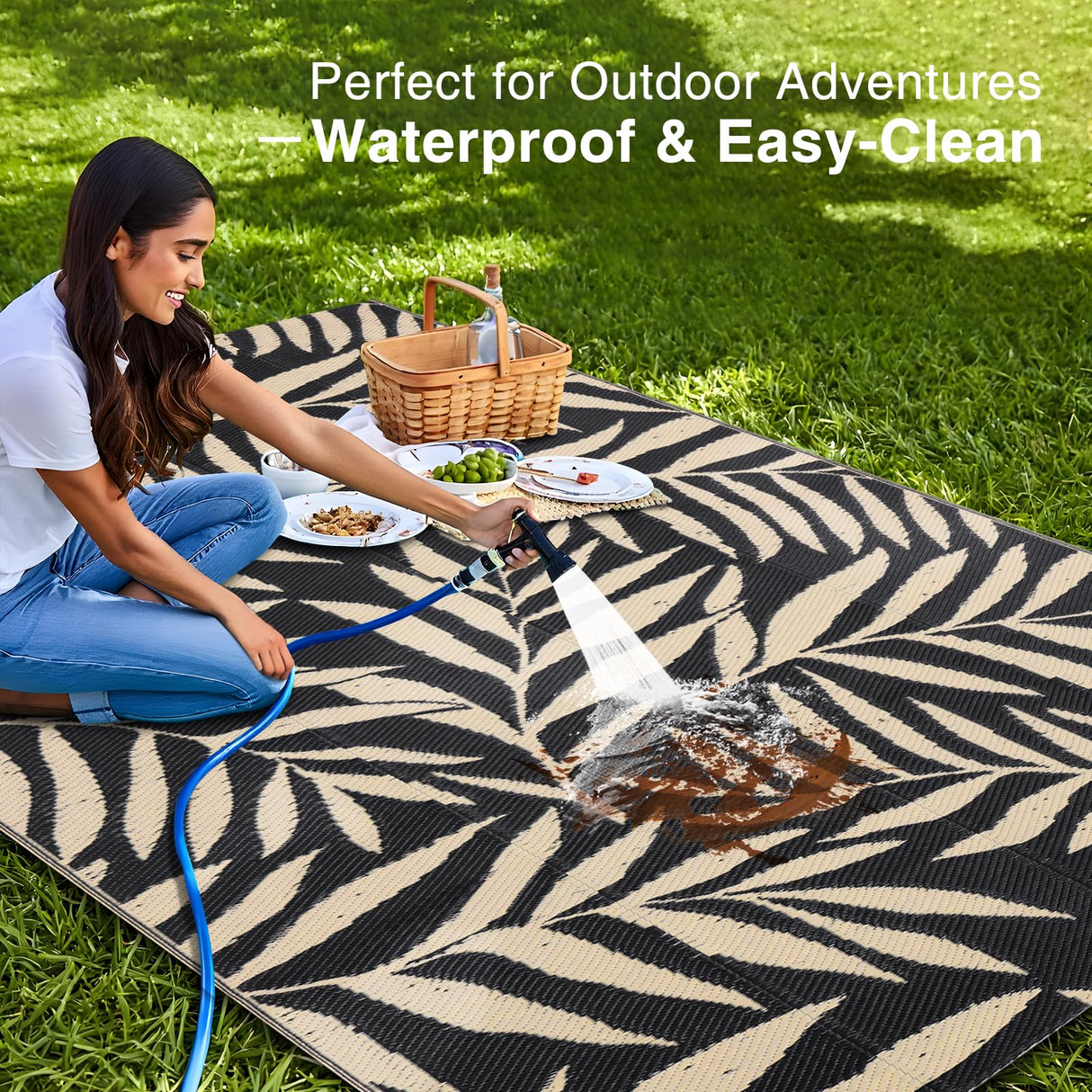 OLANLY Waterproof Outdoor Rug 5x8 ft, Reversible Outdoor Plastic Straw Rug with Leaf Pattern, RV Mat, Indoor Outdoor Carpet for Patio, Camping, Balcony, Deck, Backyard, Black & Beige OLANLY