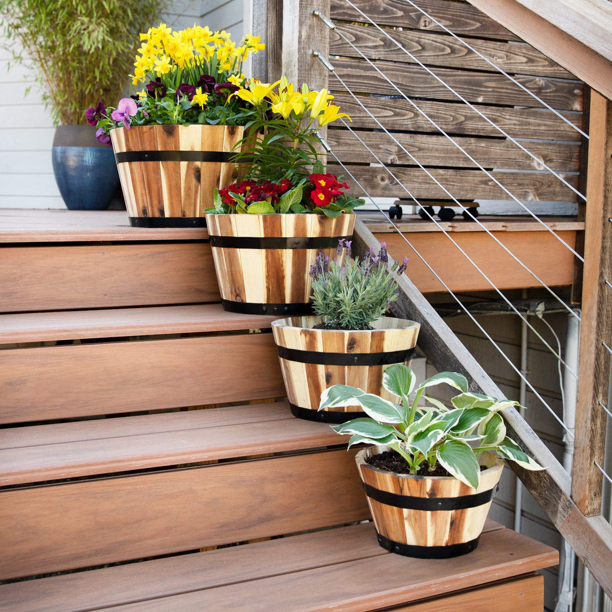 Thirteen Chefs Villa Acacia Round Wooden Farmhouse Planter 11 Inch Plant and Flower Pot for Outdoor Gardens Thirteen Chefs