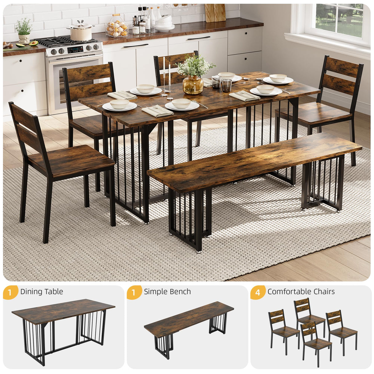 DWVO 63 Inch Dining Table Set for 6-8 People 6-Piece Large Kitchen Table Set with 2 Benches and 4 Chairs Farmhouse Rectangular Dining Room Table for Kitchen Dining Room Apartment Rustic Brown DWVO