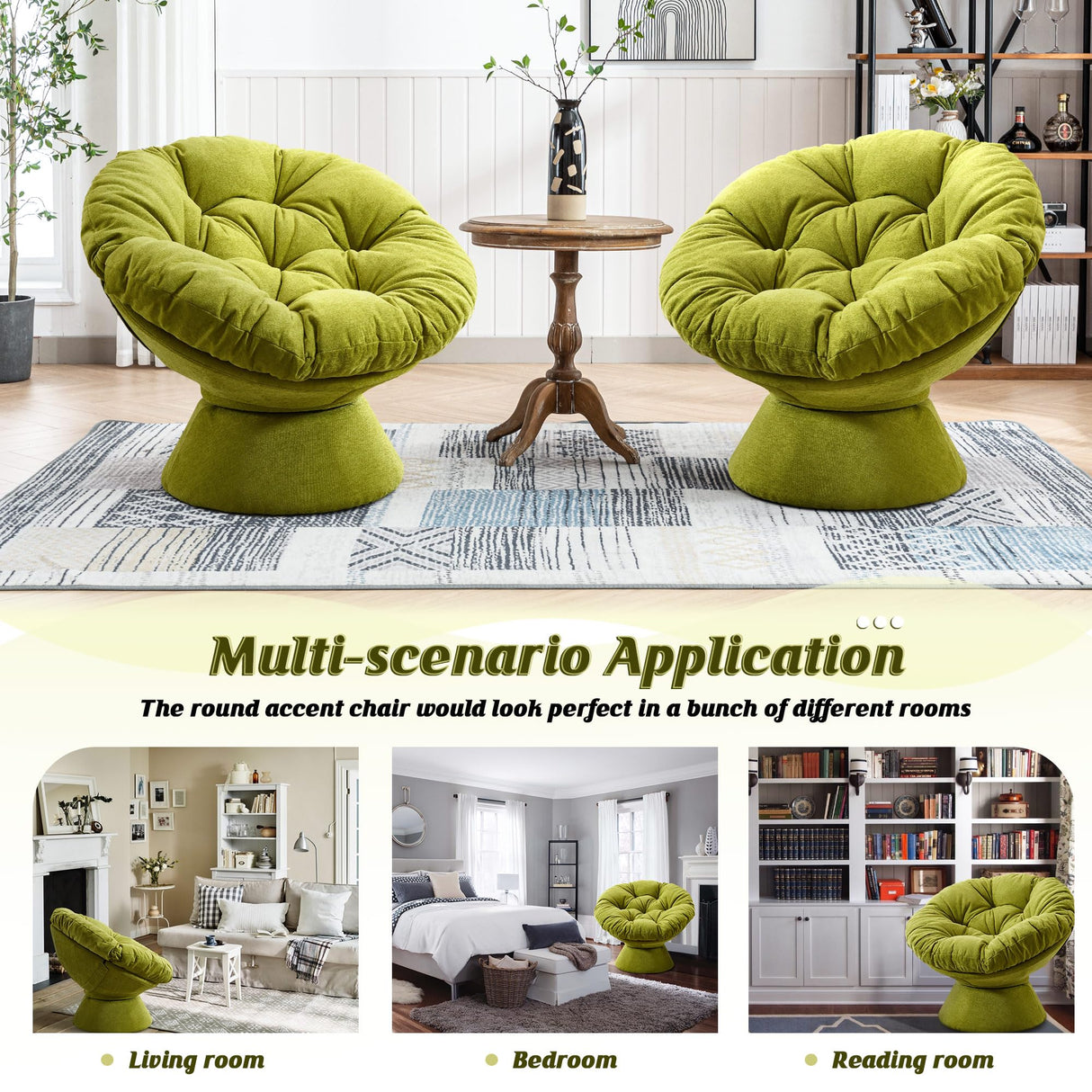 Papasan Chair with Cushion and Frame, 360° Swivel Accent Chair, Comfy Chenille Upholstered Round Modern Oversized Reading Lounger with Metal Base Lazy Chair for Bedroom, Living Room, Olive Green SLEERWAY