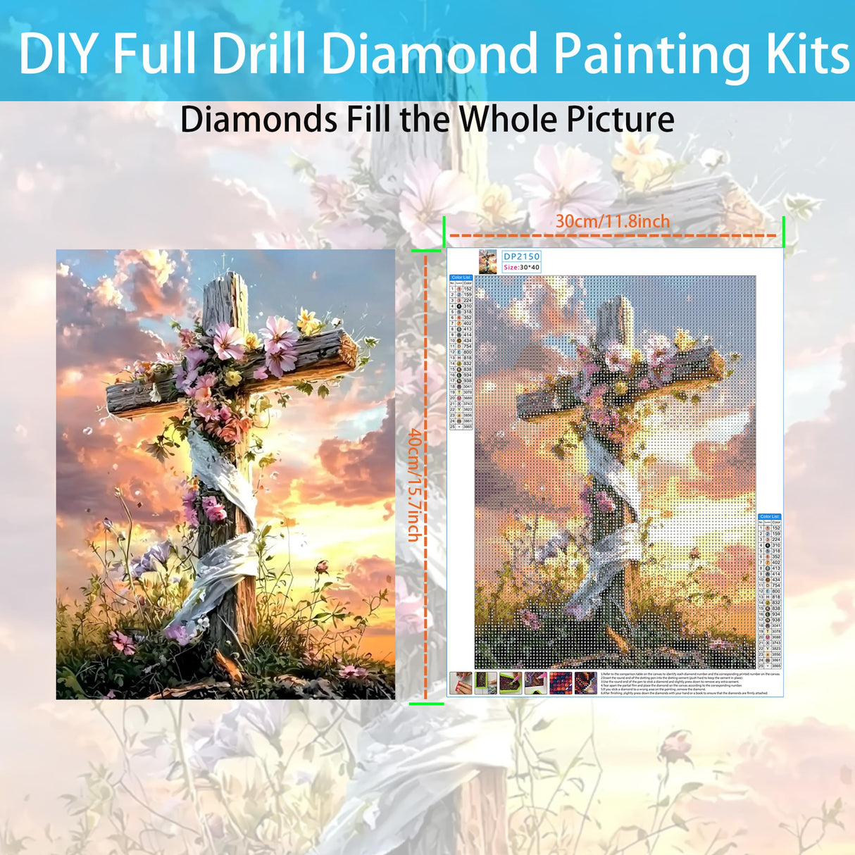 Cross Diamond Art Kits for Adults, Flowers Diamond Painting Kits for Beginners, 5D DIY Sunset Full Drill Round Diamond Painting Gem Art for Adults, Home Wall Decor 12 x 16 Inch Generic