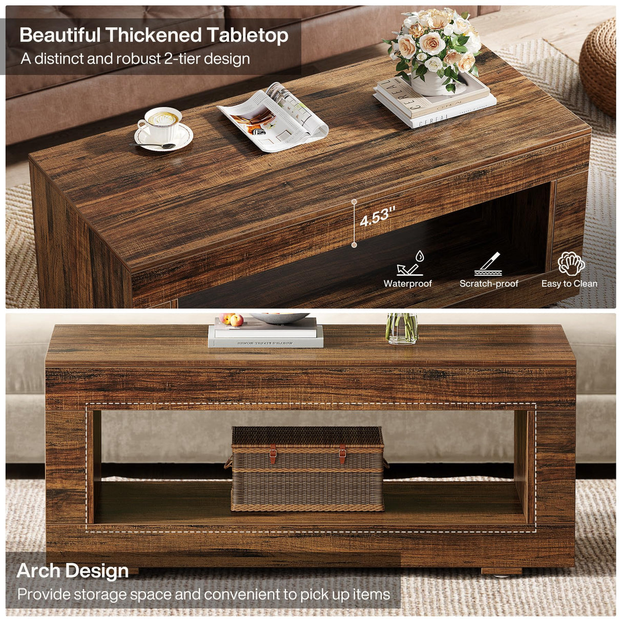 Tribesigns Wood Coffee Table for Living Room, 43.3" Modern Farmhouse Coffee Table with Storage, 2-Tier Rectangular Center Table Cocktail Living Room Table with Sturdy Base, Rustic Brown Tribesigns