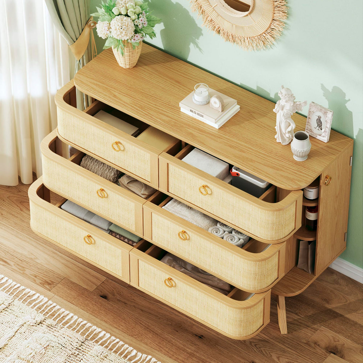 HUAHUU 6 Drawer Rattan Dresser for Bedroom, 43'' Fluted Modern Wooden Dresser with Metal Handles&Wood Legs, Curved Profile Design, Boho Chest of Drawers for Bedroom, Living Room, Natural HUAHUU
