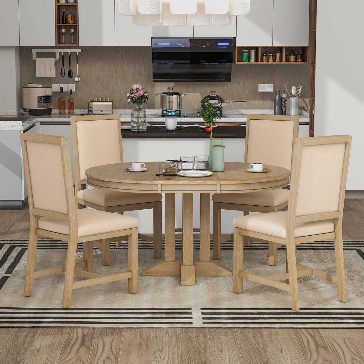 Bellemave 5-Piece Round Dining Table Set for 4 Round Extendable Kitchen Table Set with 4 Upholstered Chairs Farmhouse Round to Oval Dining Room Set for Kitchen, Dining Room (Natural Wood Wash) Bellemave