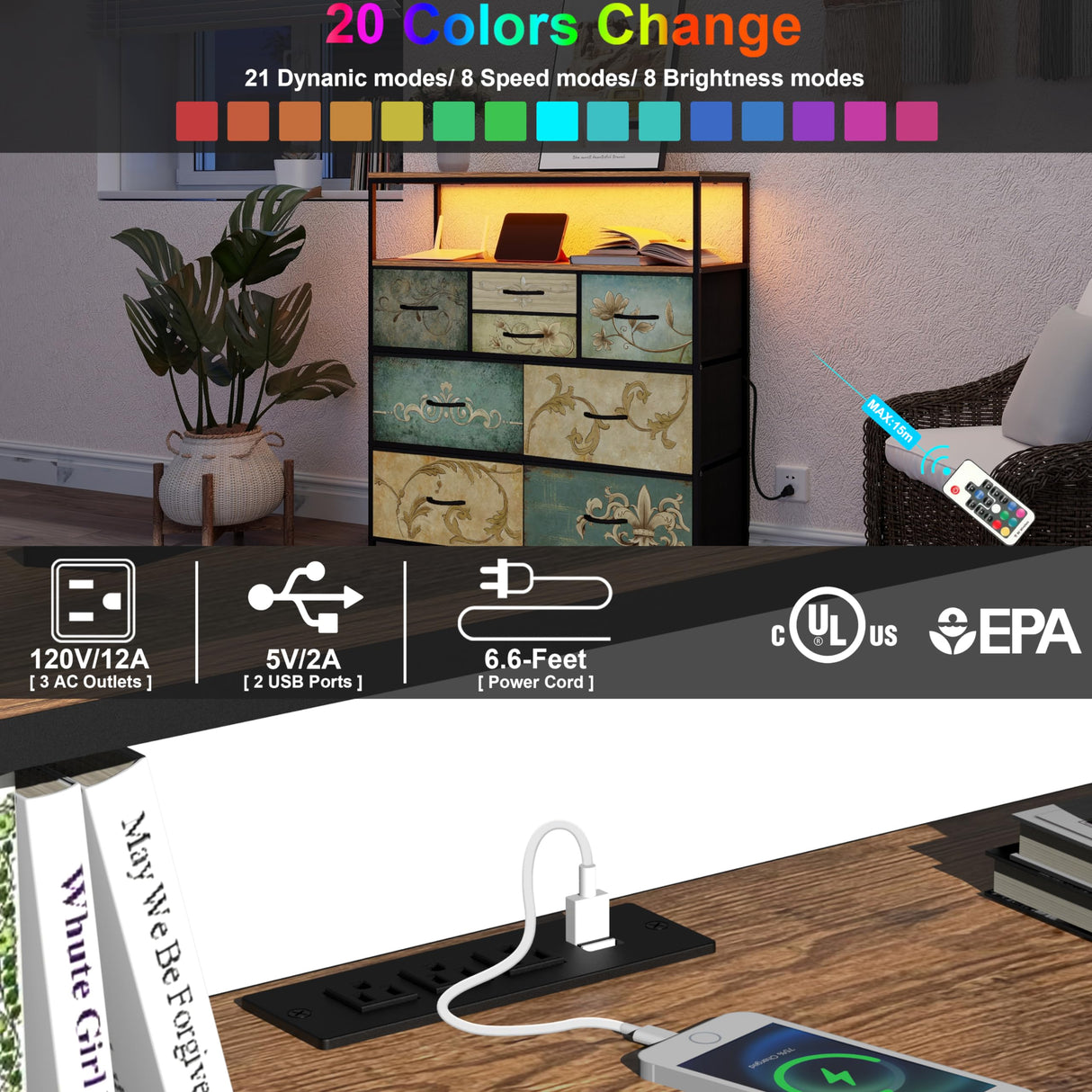 Tohomeor TV Stand with Power Oulet Dresser with Charging Station & LED Light Dresser with 8 Fabric Drawers for Living Room Storage Chest of Drawers Retro Dresser with Open Shelf Wooden Top Tohomeor