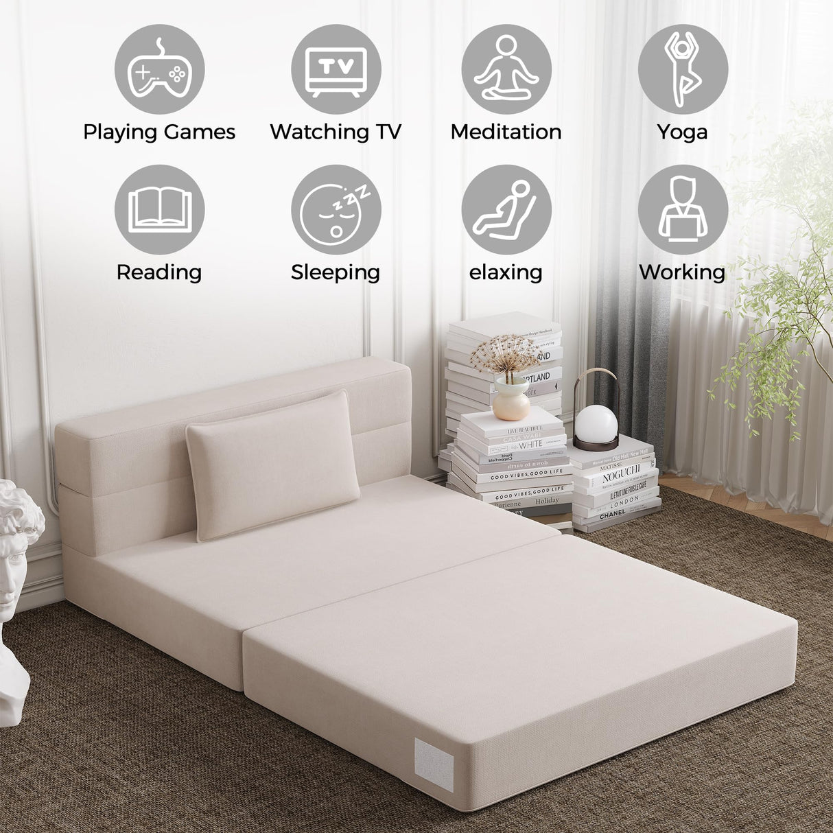 Luoxiao Folding Sofa Bed Twin with Pillow, Portable Foldable Sofa Bed for Travel, Camping, Guest, Trifold Mattress with Breathable & Washable Cover, Convertible and Easy to Storage, Off White Luoxiao