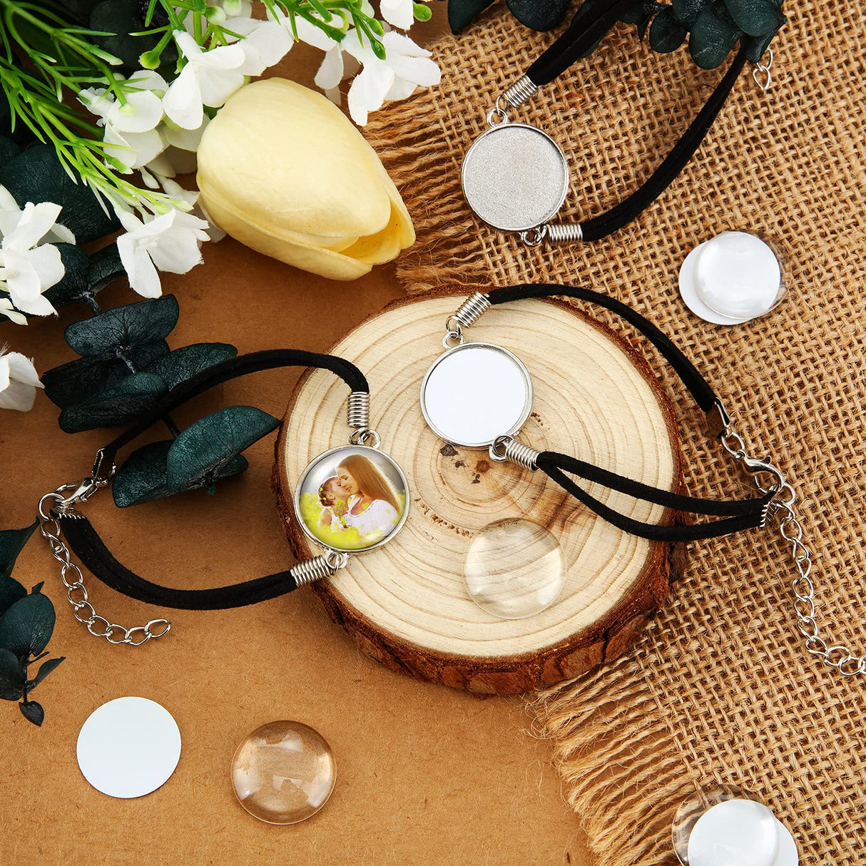 16 Pieces 20 mm Sublimation Bracelet Blanks Bezel Bracelet Tray Settings Faux Leather Base Tray Bangles with 16 Round Glass Cabochons and 16 Aluminum Sheets for Jewelry Making DIY Bracelets MTLEE