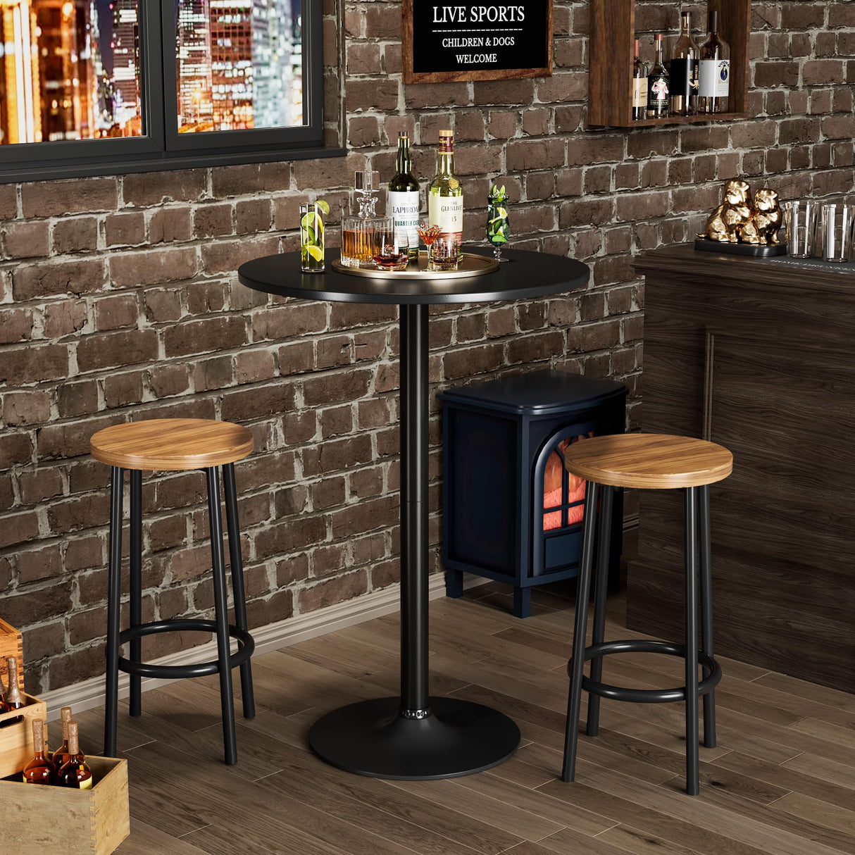 Shahoo Round Bar Table, Cocktail Tables with Metal Base & MDF Top, for Bistro Pub, Cafe, Black Shahoo
